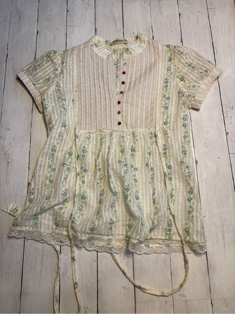 Forever Cream Floral Pintuck Tunic with Green and Blue Detail